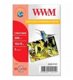 Фотопапір WWM глянсовий 200 г/м кв, 10см x 15см, 5 арк. / G200.F5/C
