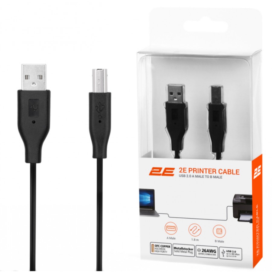 Кабель 2E USB для принтера 2.0 AM / BM DSTP, black чёрный, 1.8m / 2E-W-3169m1.8 с быстрой доставкой